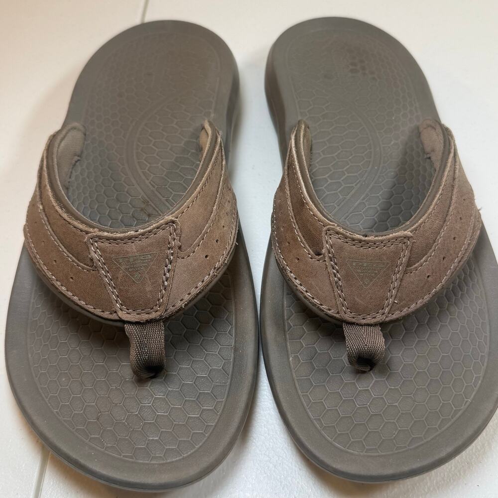 Columbia PFG Mens size 7 Brown Leather Flip Flop Sandals Fishing Outdoor Comfort